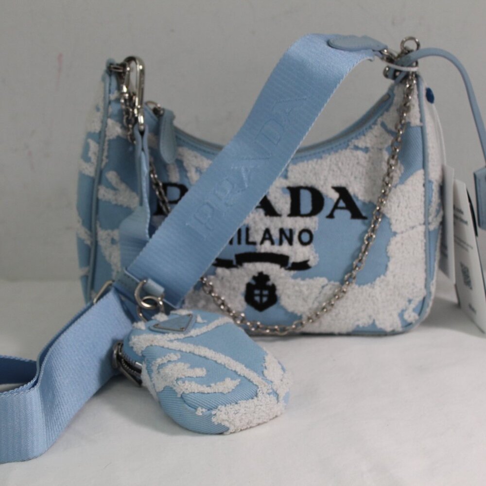 Prada Re-Edition 2005 Embroidered Drill Shoulder Bag wPouch Blue White Crossbody - Picture 11 of 16